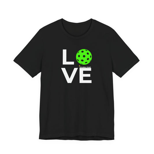 Black t-shirt with 'LOVE' and a green pickleball ball graphic on a white background