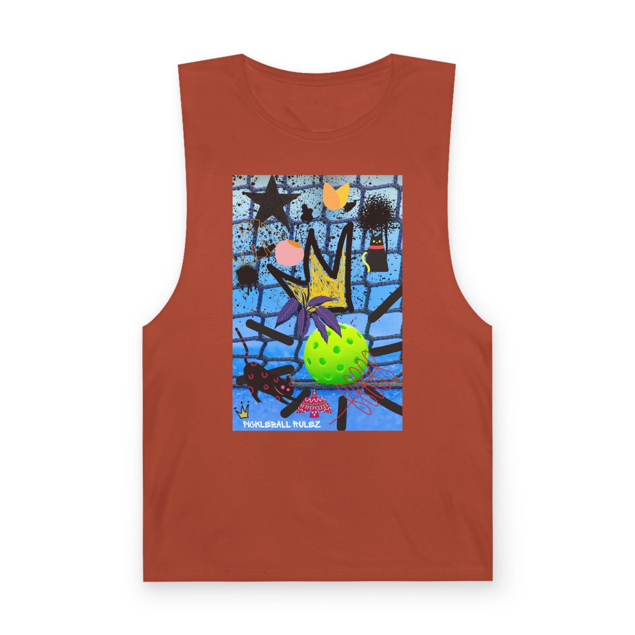 Brown tank top with a colorful graphic design on a white background