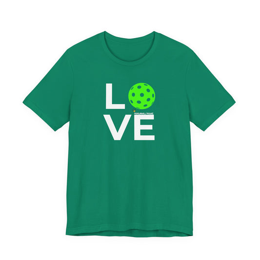Green t-shirt with 'LOVE' graphic on a white background