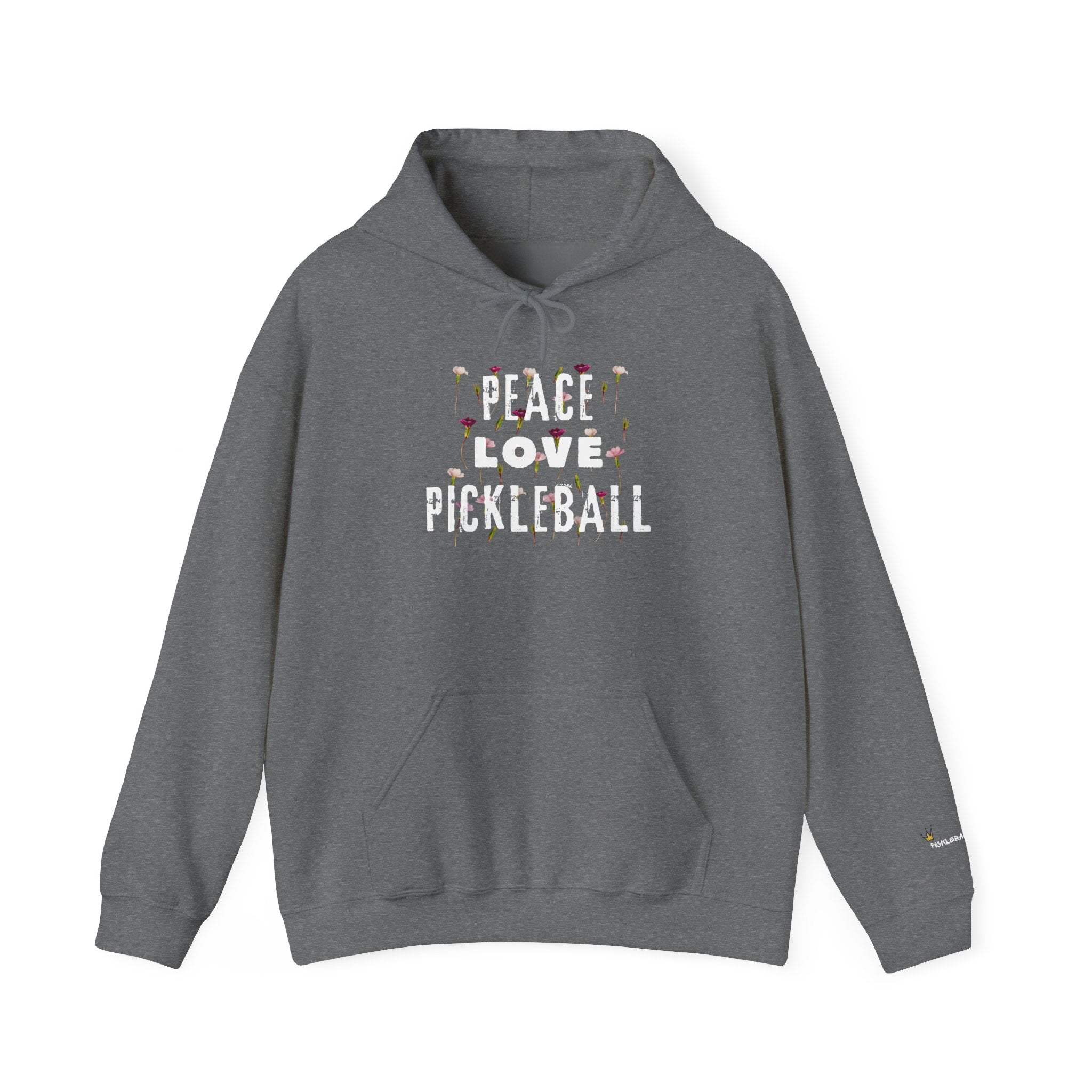 Gray hoodie with 'Peace Love Pickleball' text on a white background