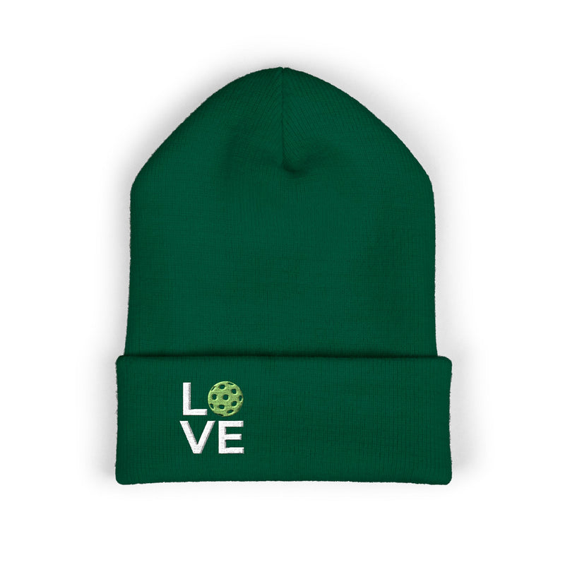 Green beanie with 'LOVE' and a pickleball ball design on a white background