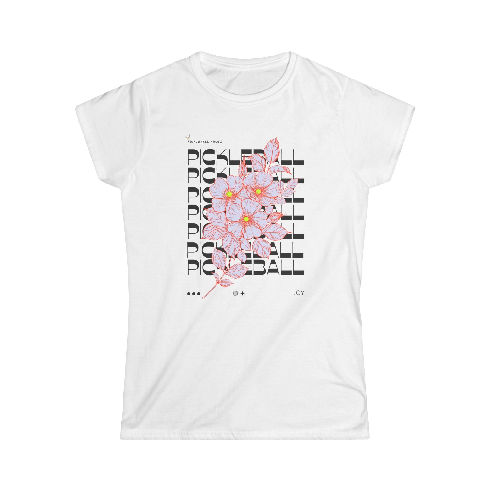 White t-shirt with floral design and text on a white background