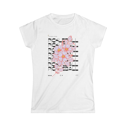 White t-shirt with floral design and text on a white background