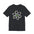 Black t-shirt with an atom design on a white background