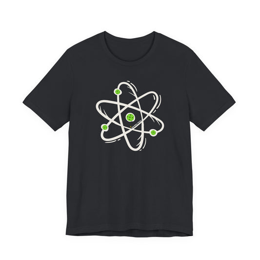 Black t-shirt with an atom design on a white background