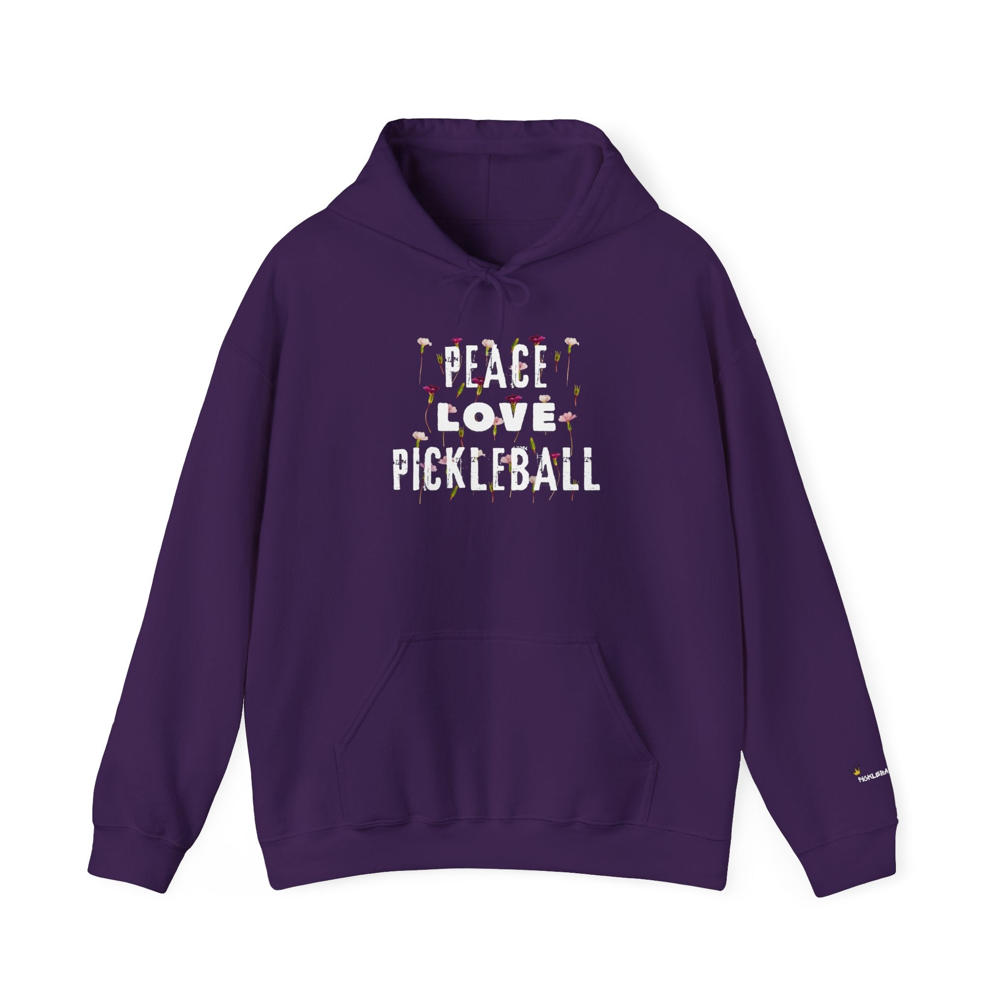 Purple hoodie with 'Peace Love Pickleball' text on a white background