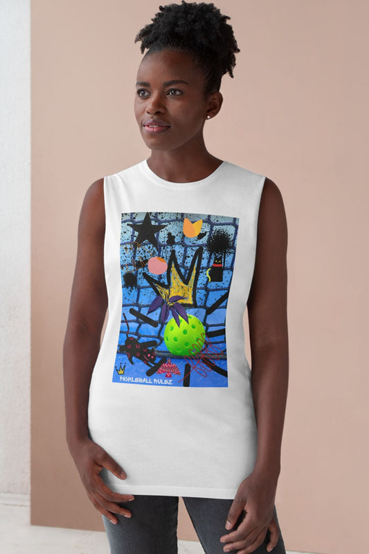 Person wearing a sleeveless shirt with a colorful abstract design on a plain background