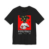Black t-shirt with pickleball graphic design on a white background