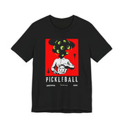 Black t-shirt with pickleball graphic design on a white background
