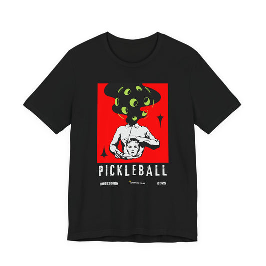 Black t-shirt with pickleball graphic design on a white background