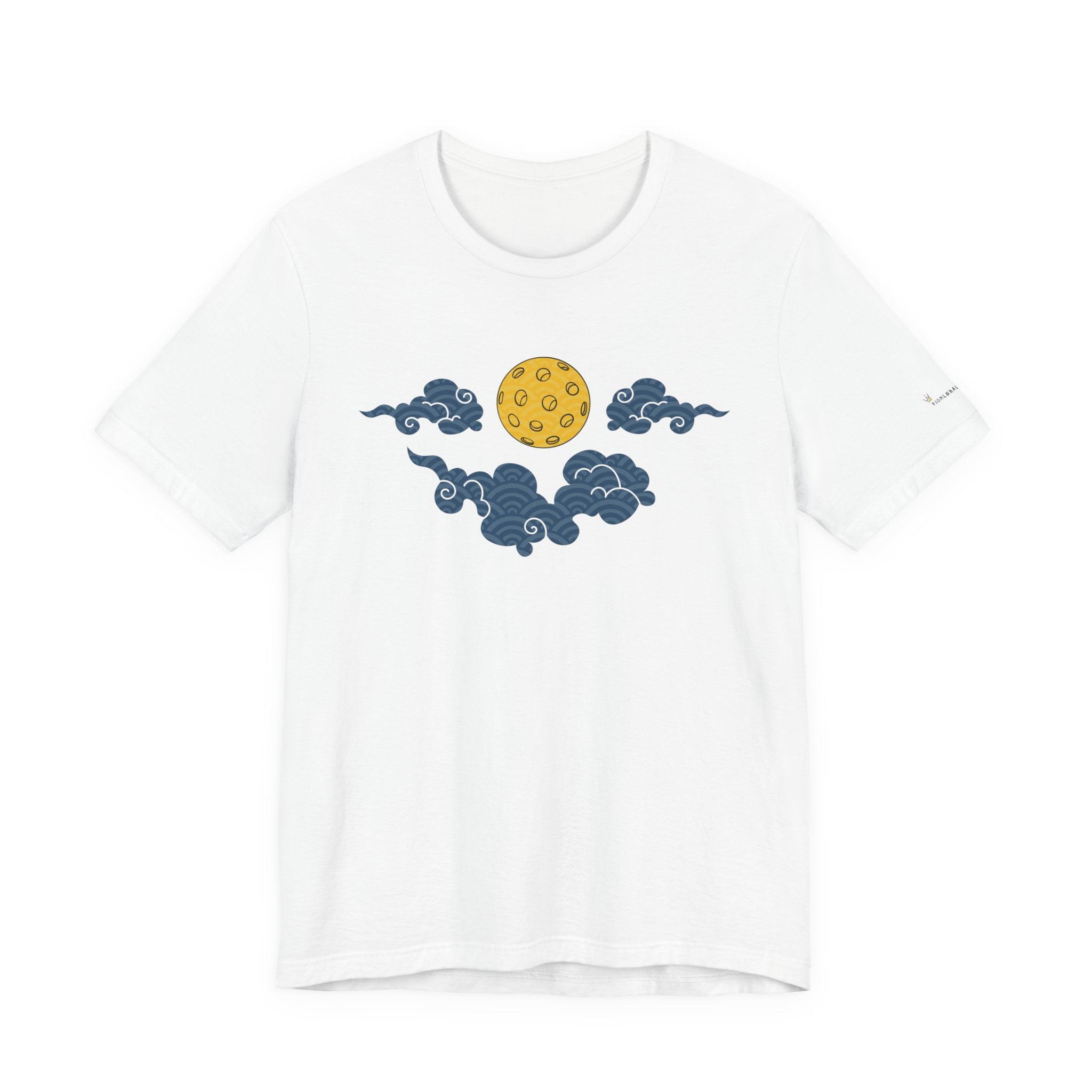 White t-shirt with blue cloud and yellow moon design on a white background