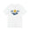 White t-shirt with blue cloud and yellow moon design on a white background