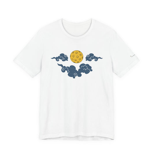 White t-shirt with blue cloud and yellow moon design on a white background