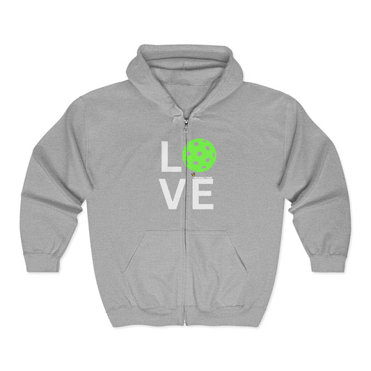 Gray zip hoodie with 'LOVE' and green heart design on a white background