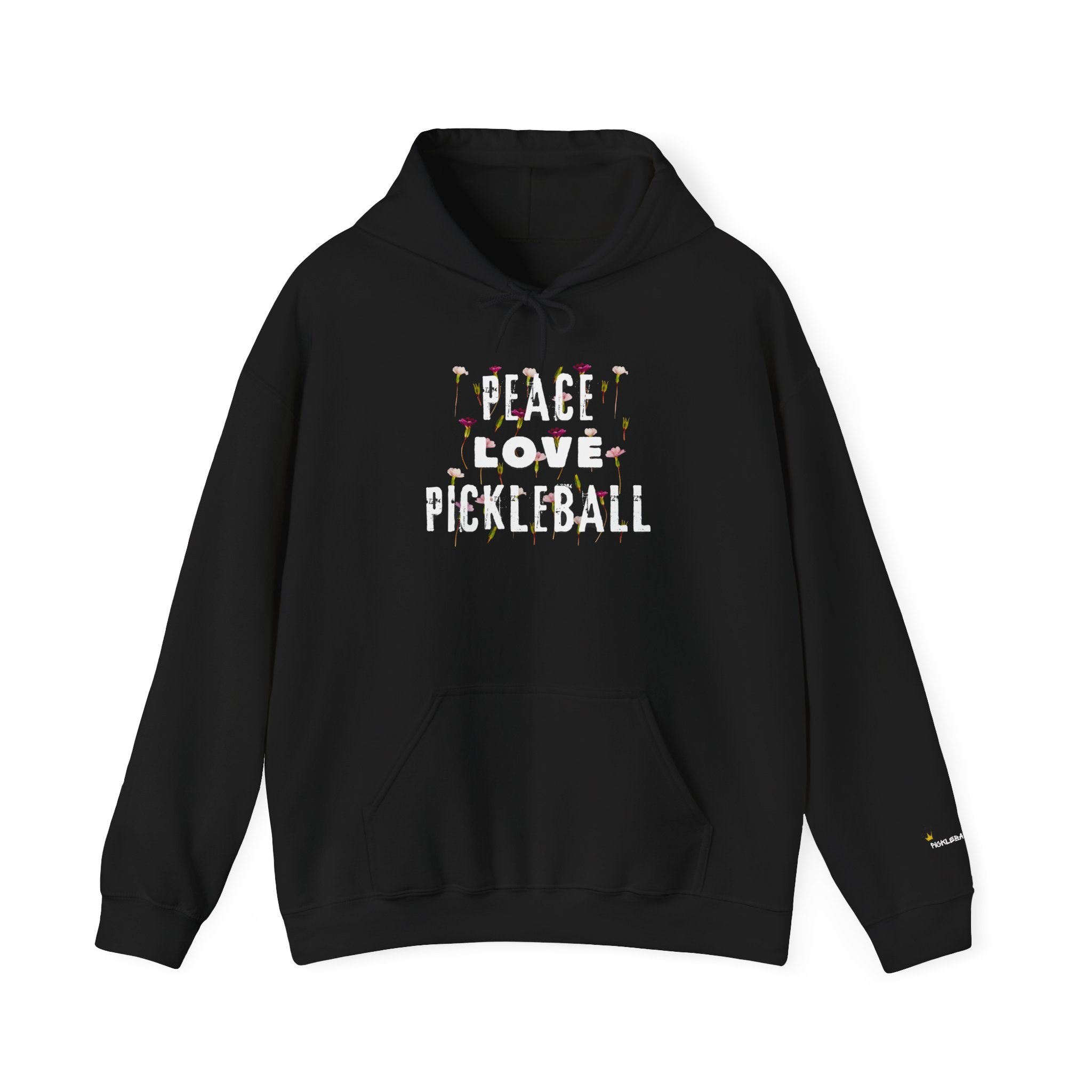 Black hoodie with 'Peace Love Pickleball' text on a white background