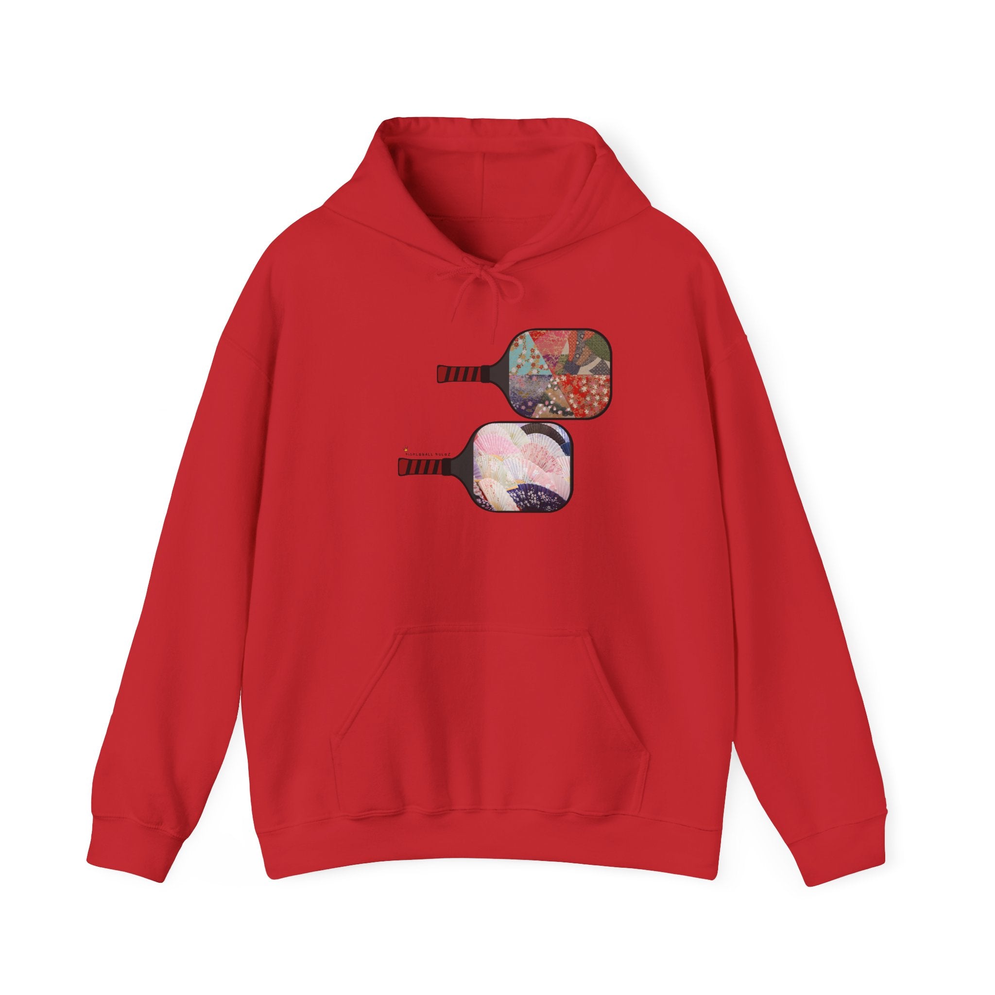 Red hoodie with pickleball paddle design on a white background