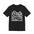 Black t-shirt with white graphic design on a white background