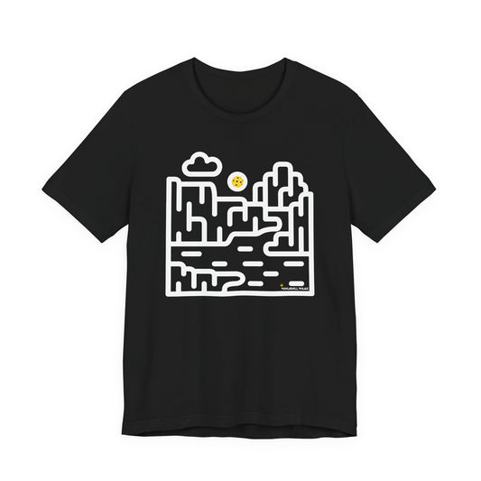 Black t-shirt with white graphic design on a white background