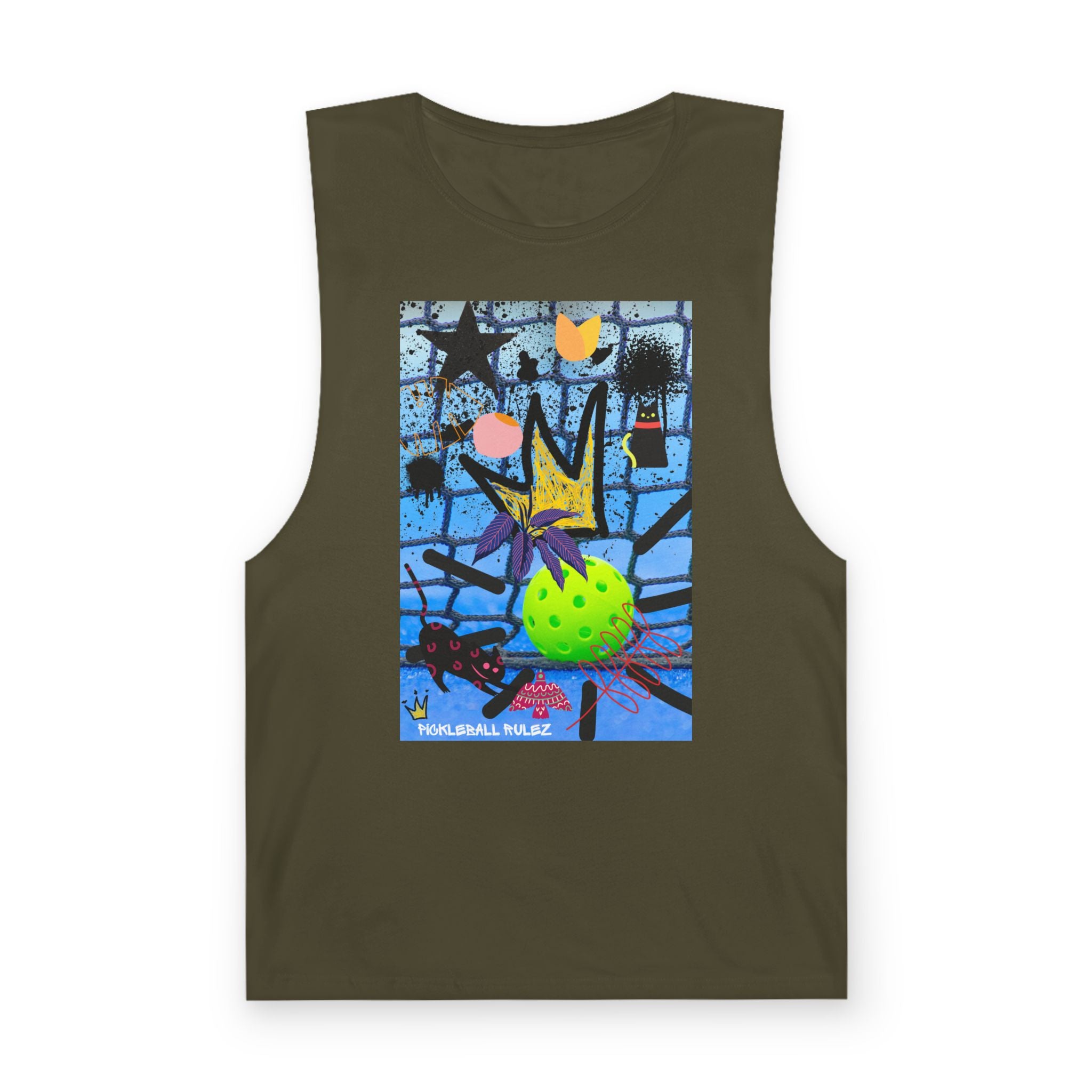 Brown tank top with a colorful abstract design on a white background
