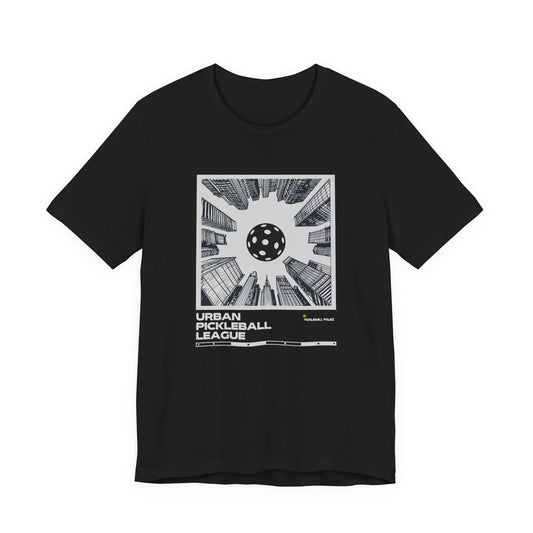 Black t-shirt with urban pickleball league graphic on a white background