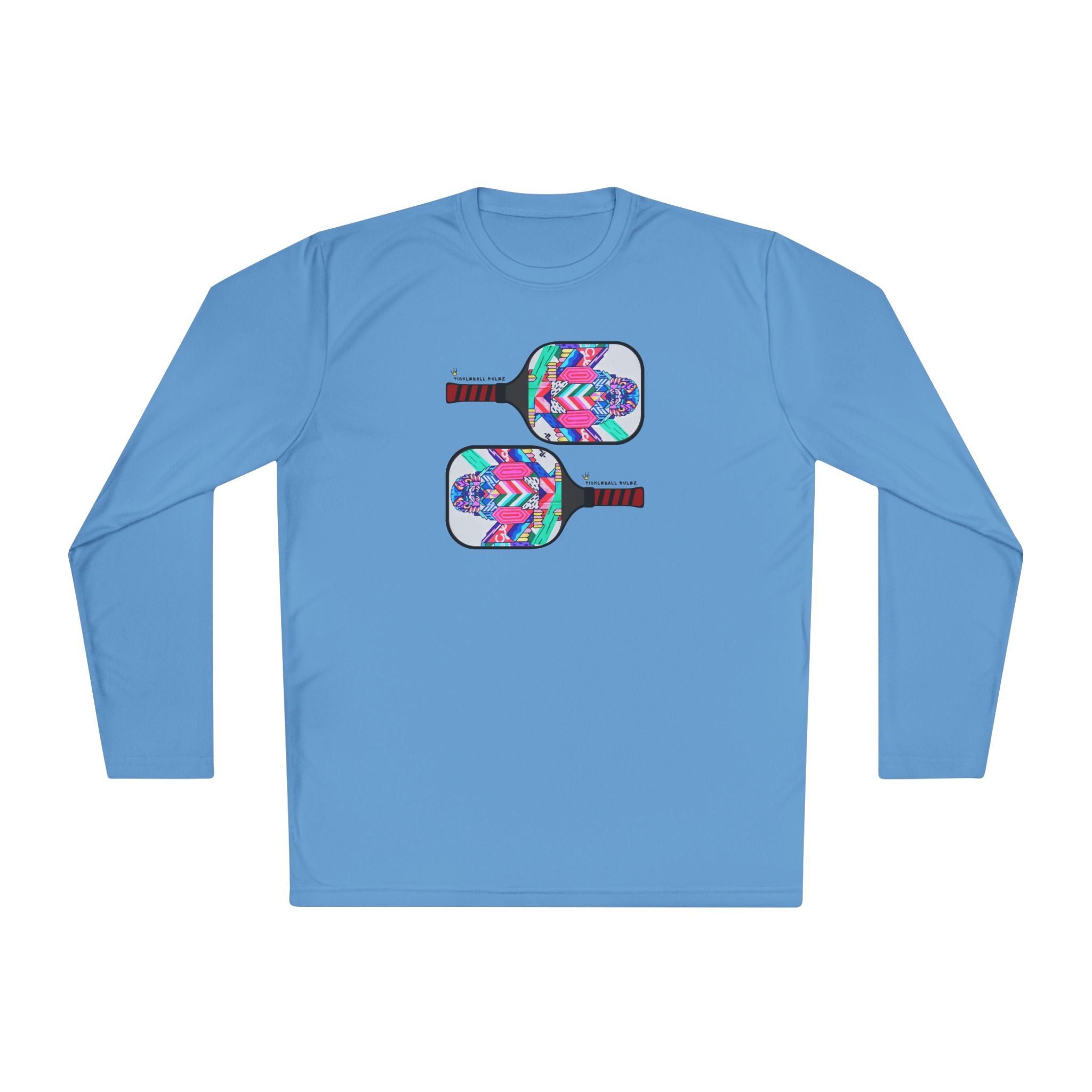 Blue long-sleeve shirt with colorful pickleball paddle design on a white background