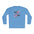 Blue long-sleeve shirt with colorful pickleball paddle design on a white background