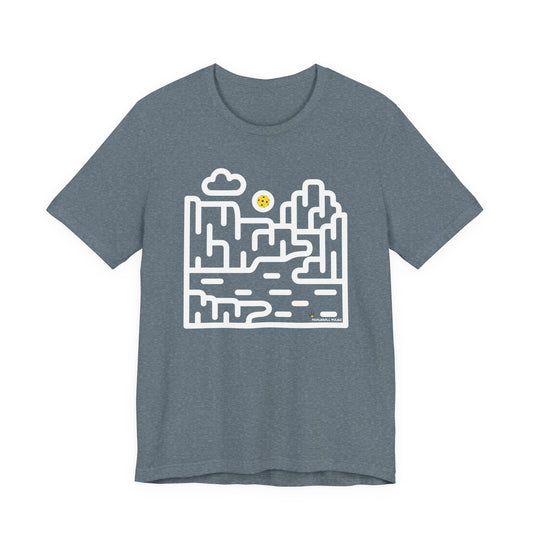 Gray t-shirt with a white graphic design on a white background
