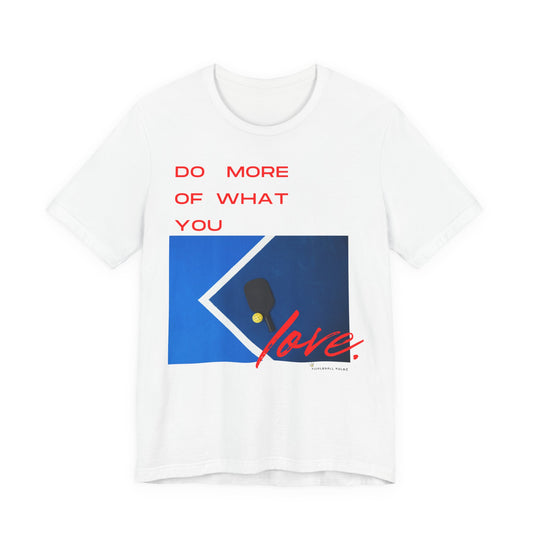 White t-shirt with red text and blue graphic design on a white background