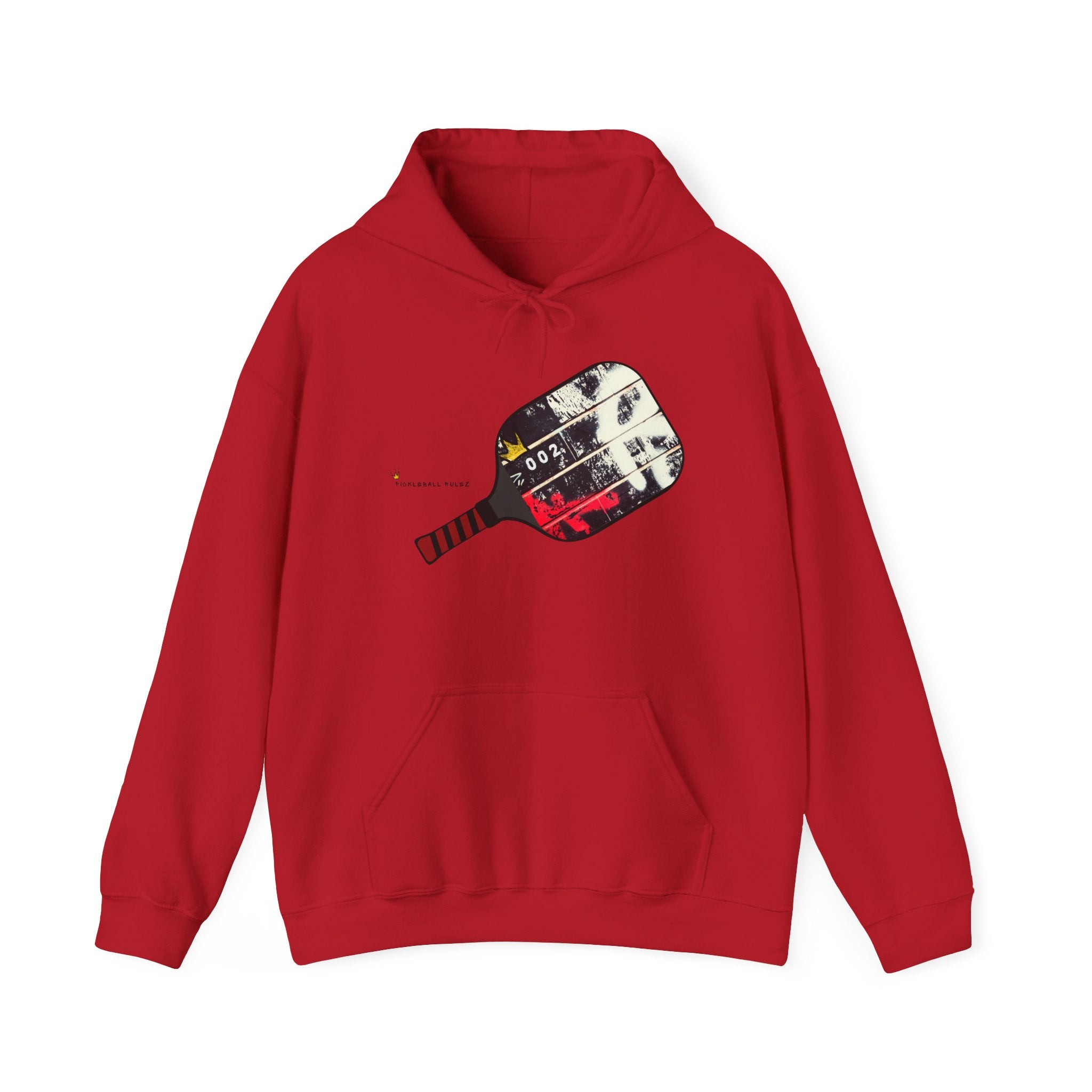Red hoodie with a paddle graphic on a white background