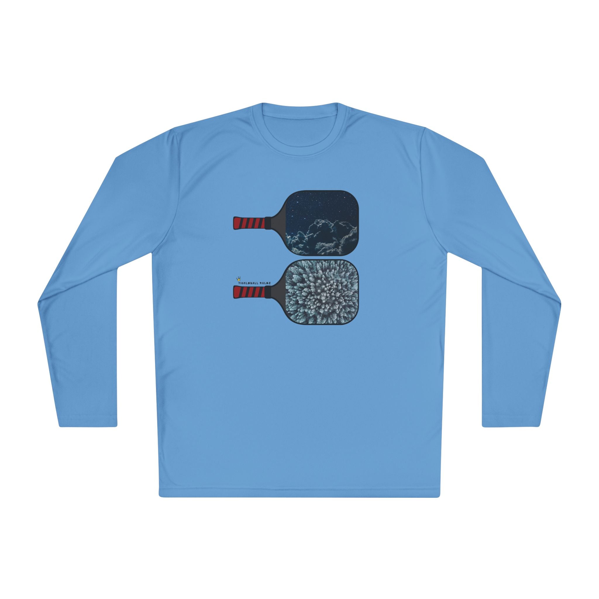 Blue long-sleeve shirt with pickleball paddle design on a white background