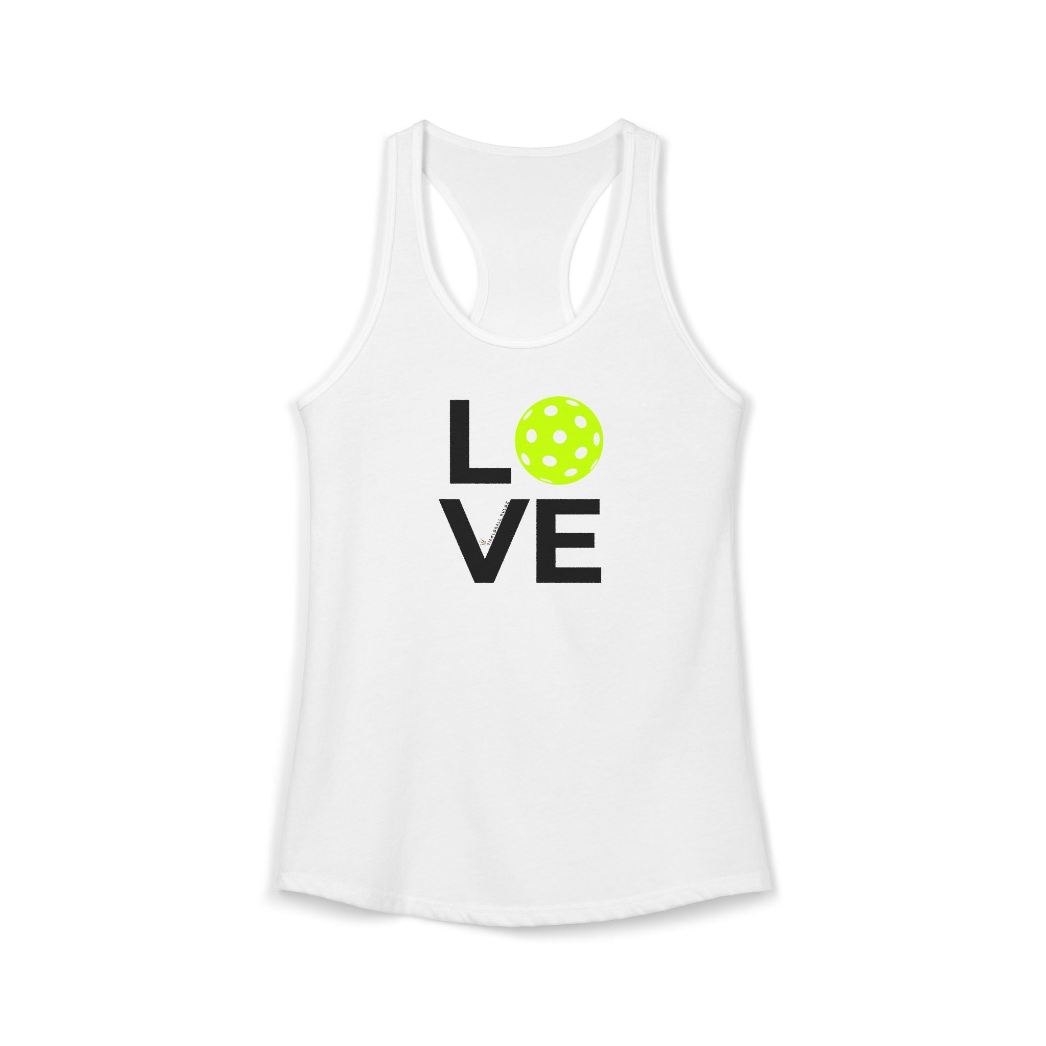 White tank top with 'LOVE' and a tennis ball graphic on a white background