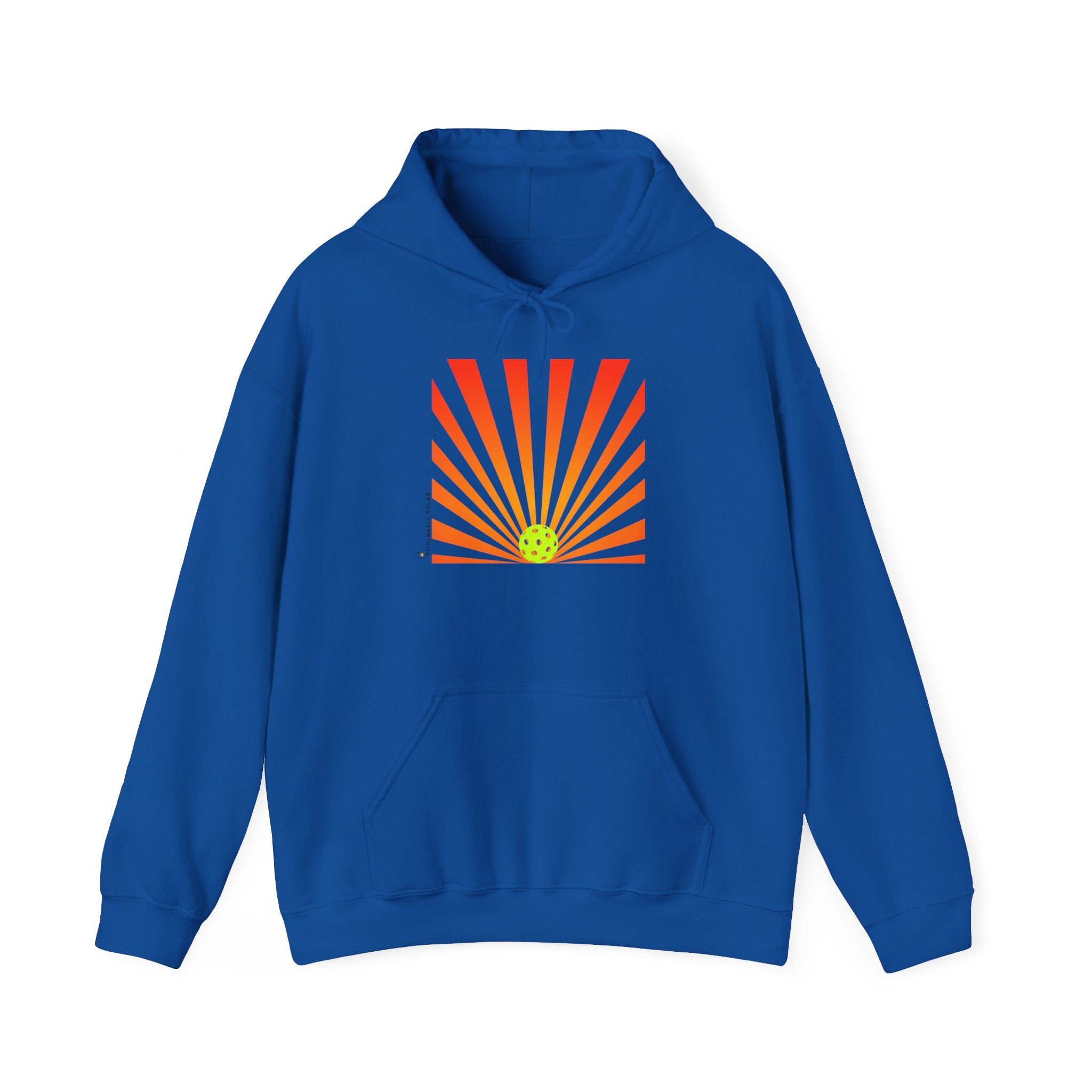 Blue hoodie with a colorful sun graphic on a white background