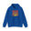 Blue hoodie with a colorful sun graphic on a white background