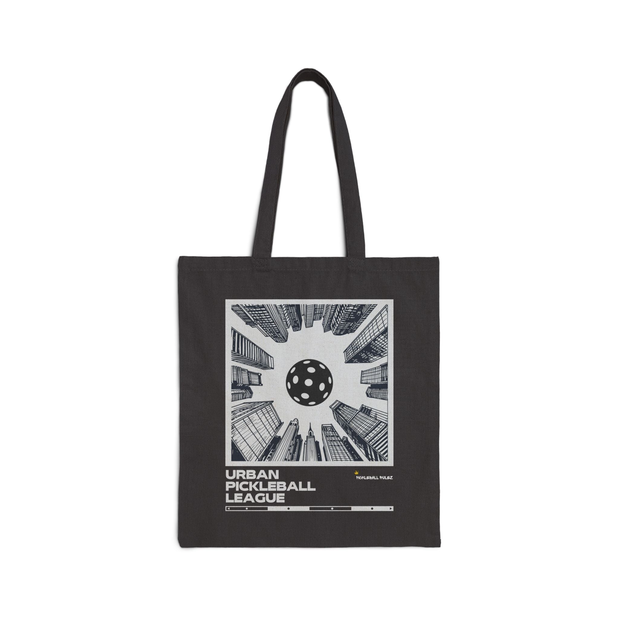 Black tote bag with urban pickleball league design on a white background