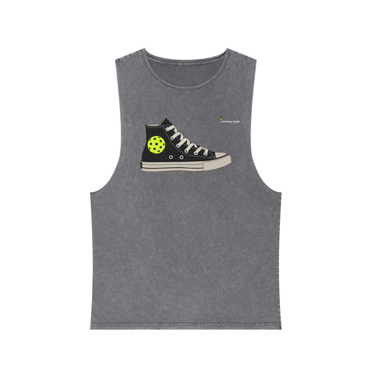 Gray sleeveless shirt with a black shoe graphic on a white background