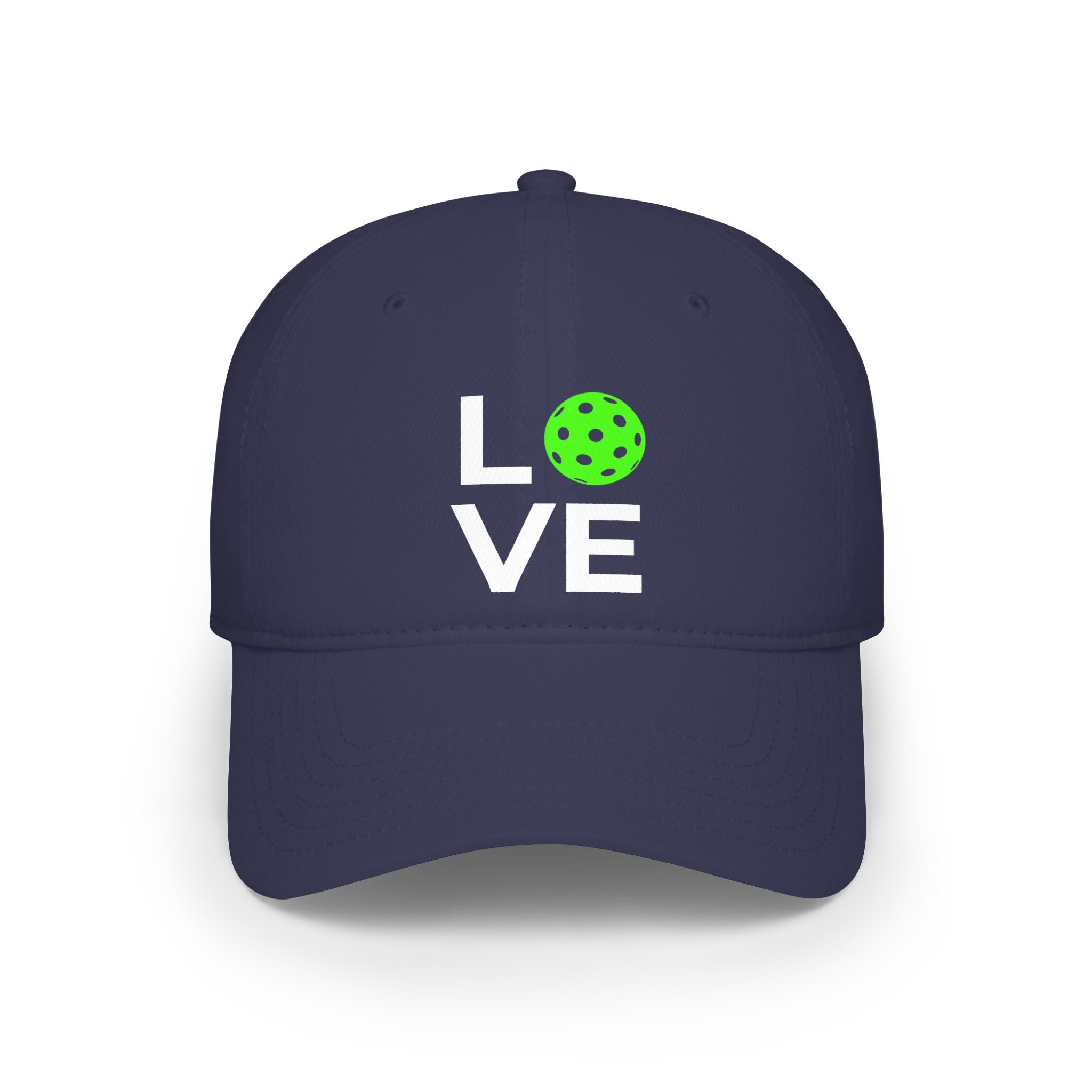 Navy blue cap with 'LOVE' and a green tennis ball design on a white background