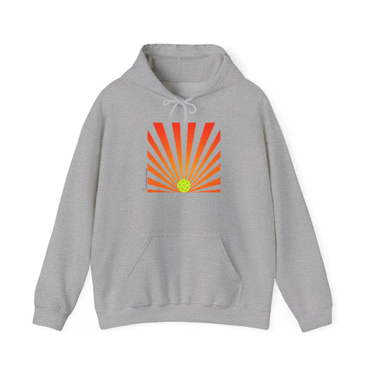 Gray hoodie with orange and yellow graphic design on a white background