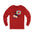 Red long-sleeve shirt with colorful paddle design on a white background