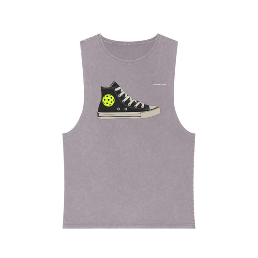 Gray tank top with a graphic of a black sneaker on a white background
