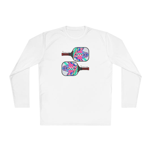 White long-sleeve shirt with colorful pickleball paddle designs on a white background
