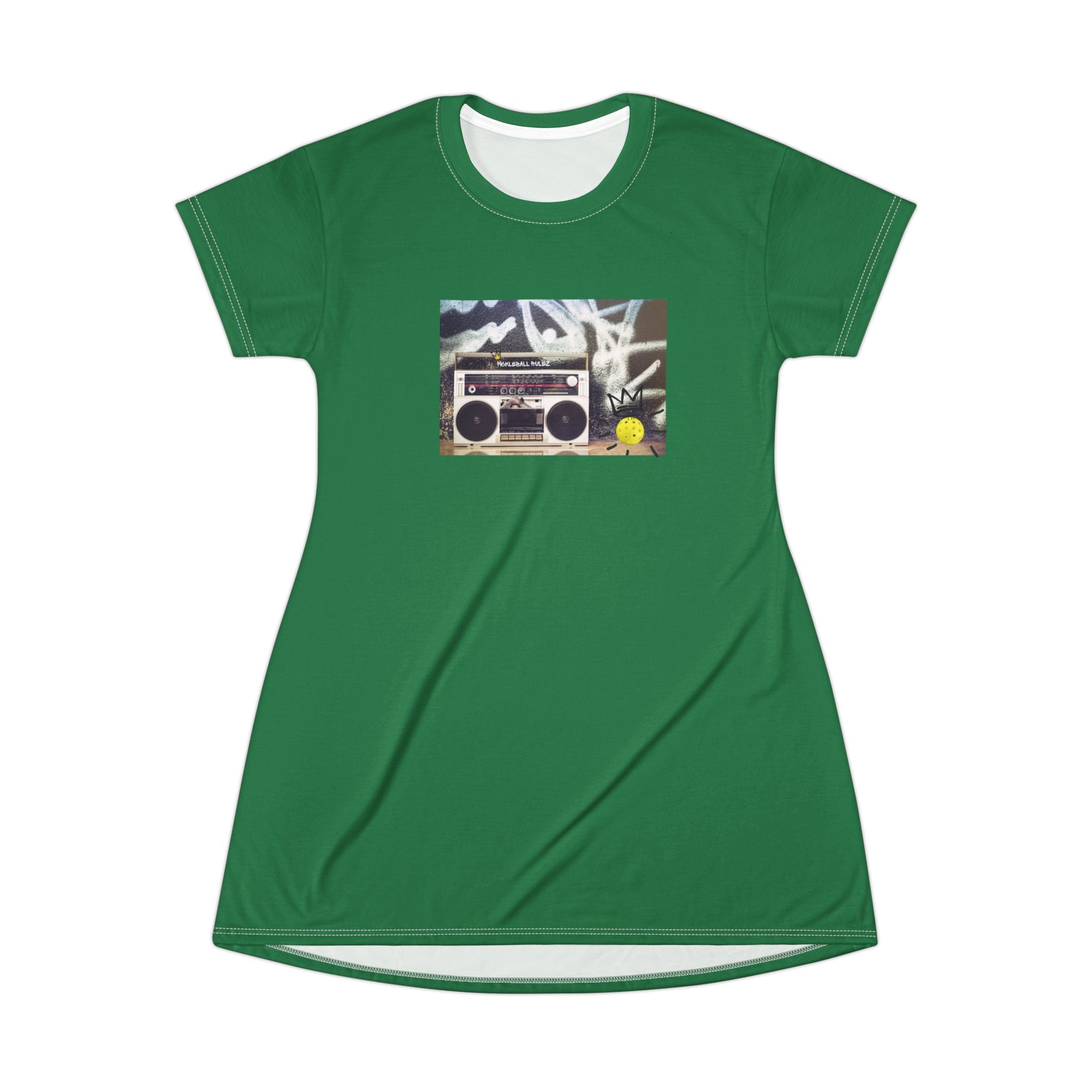 Green t-shirt with a graphic of a boombox and banana on a white background