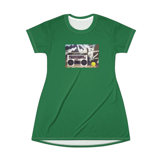 Green t-shirt with a graphic of a boombox and banana on a white background