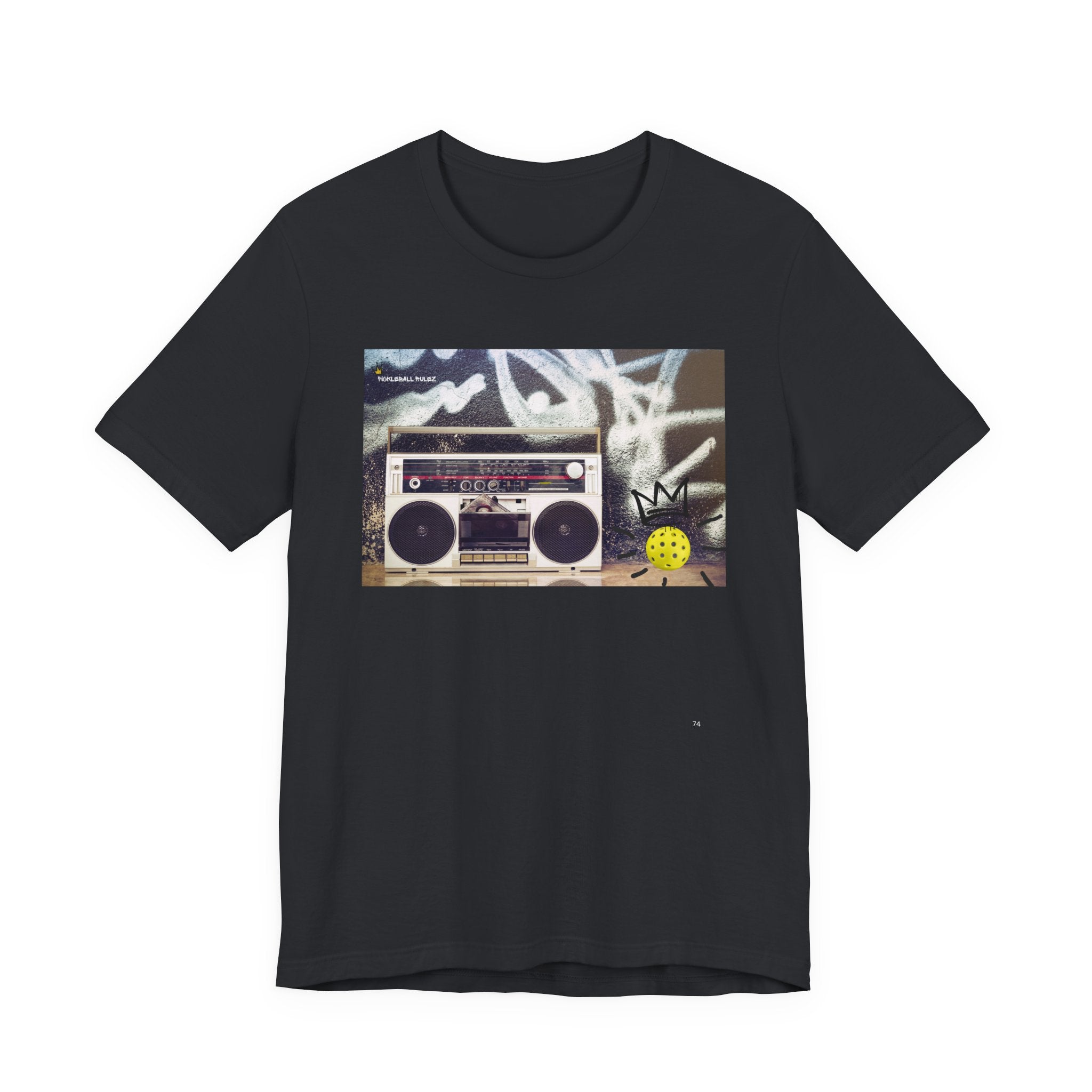 Black t-shirt with a graphic of a boombox and graffiti on a white background