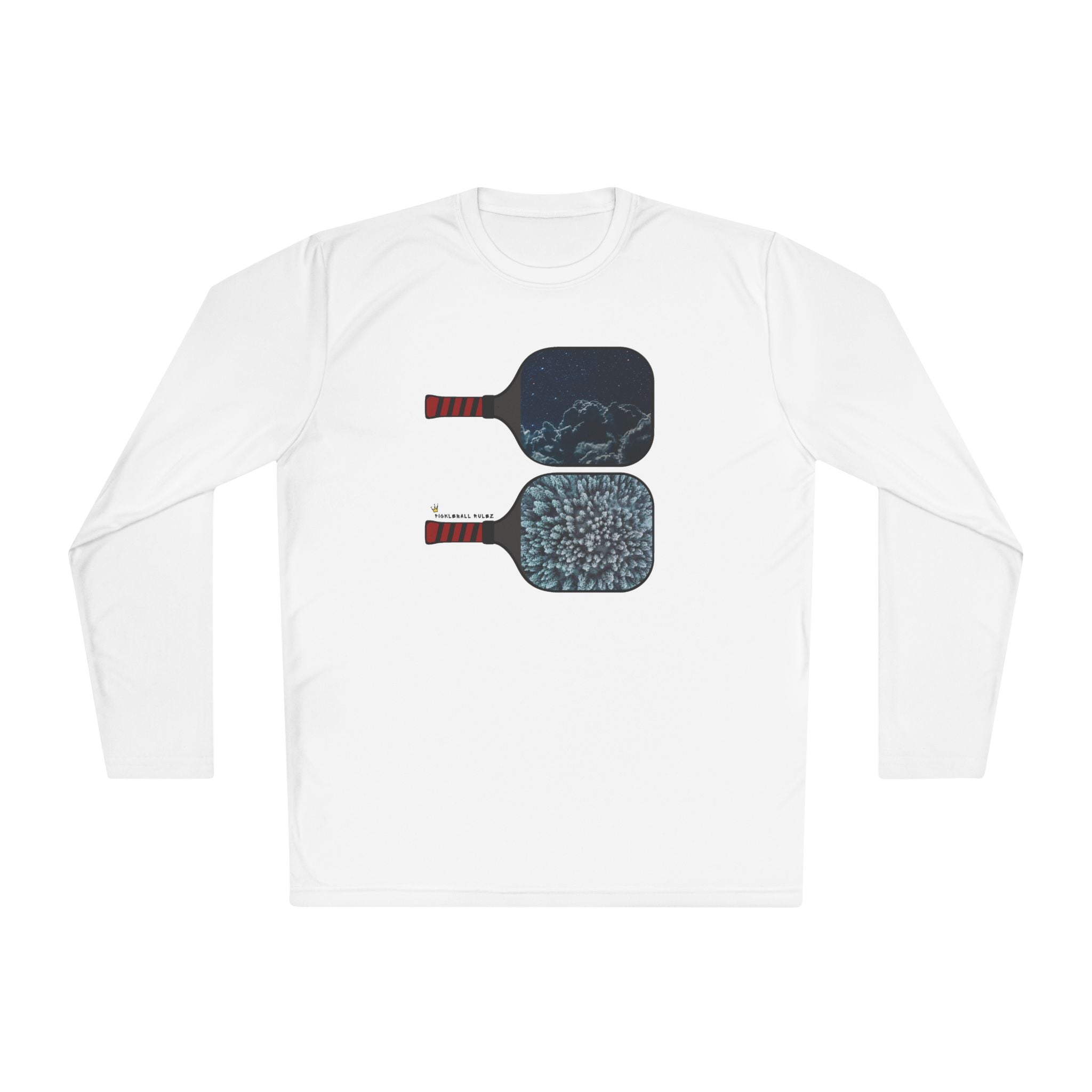 White long-sleeve shirt with pickleball paddle design on a white background