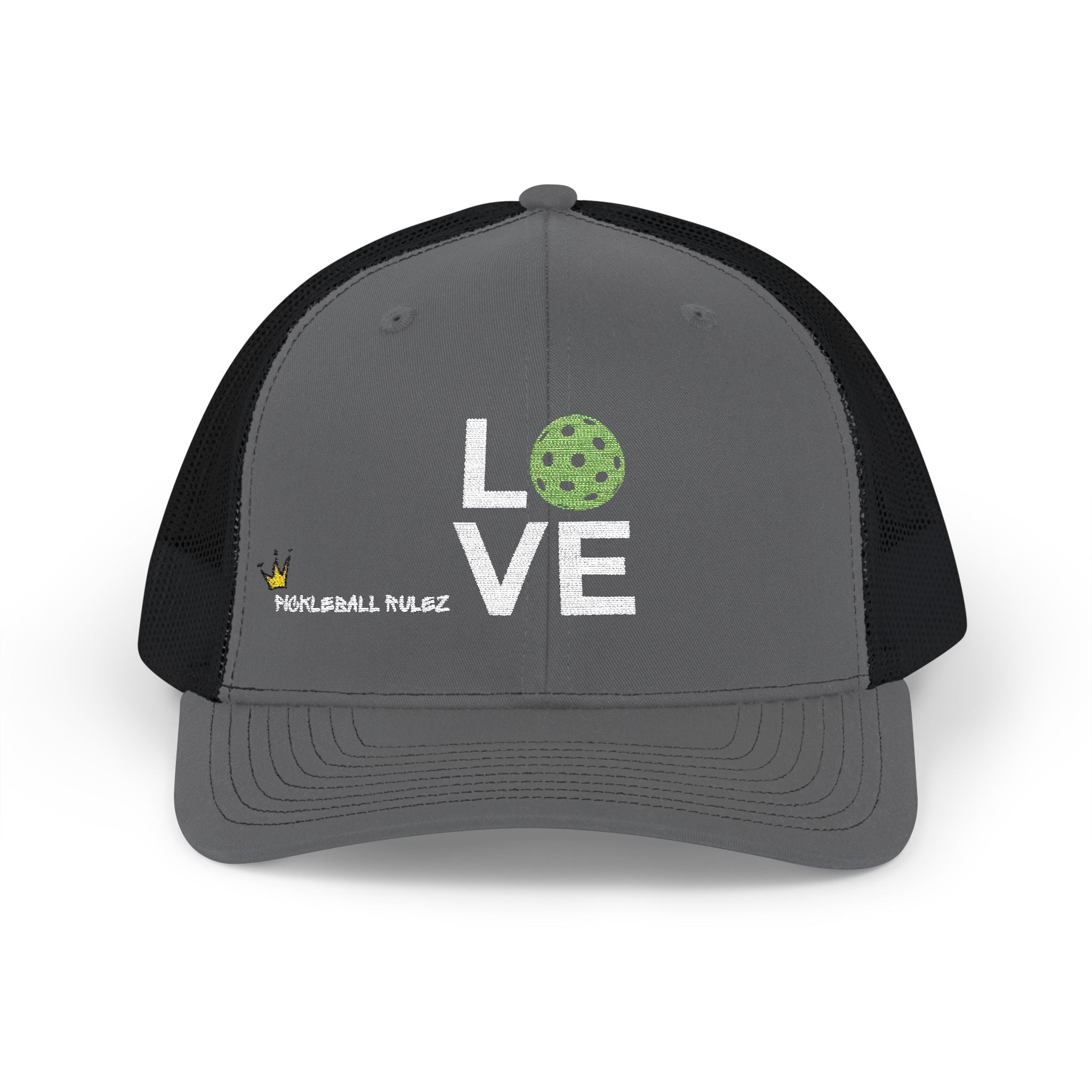 Gray and black cap with 'LOVE' and pickleball ball design on a white background