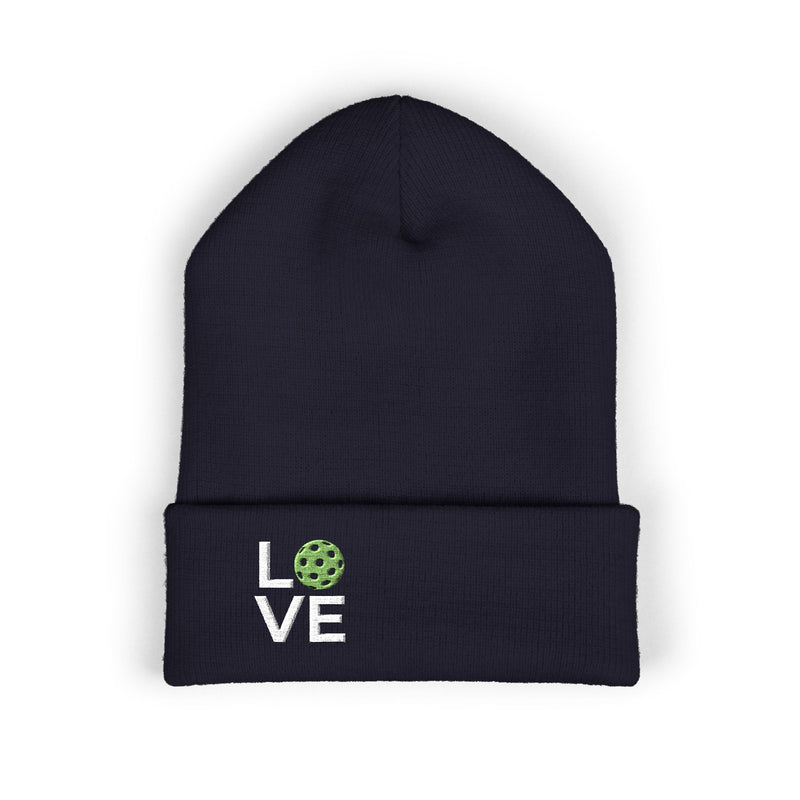Black beanie with 'LOVE' and pickleball design on a white background