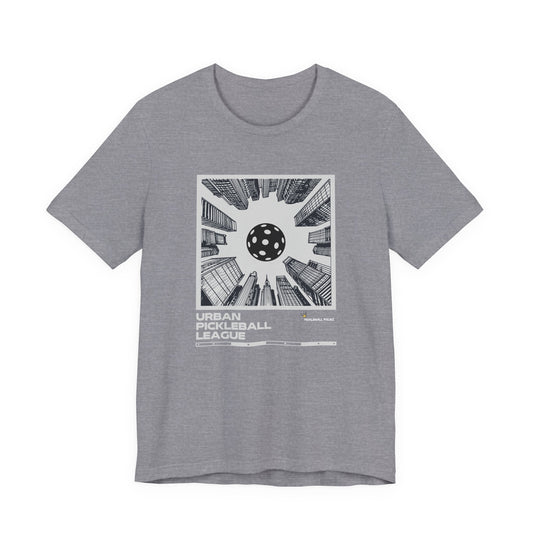 Gray t-shirt with black and white graphic design on a white background