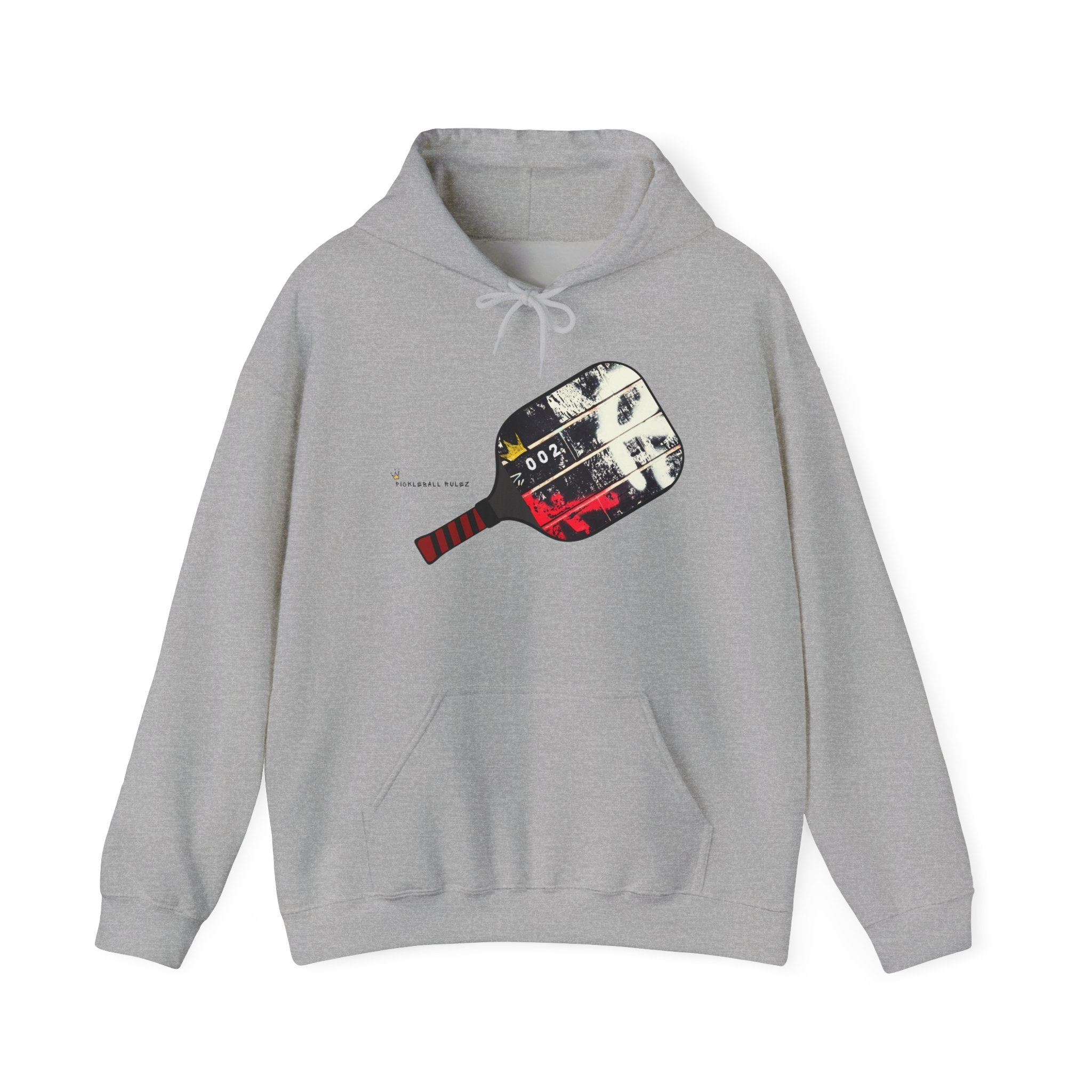 Gray hoodie with a graphic design on a white background