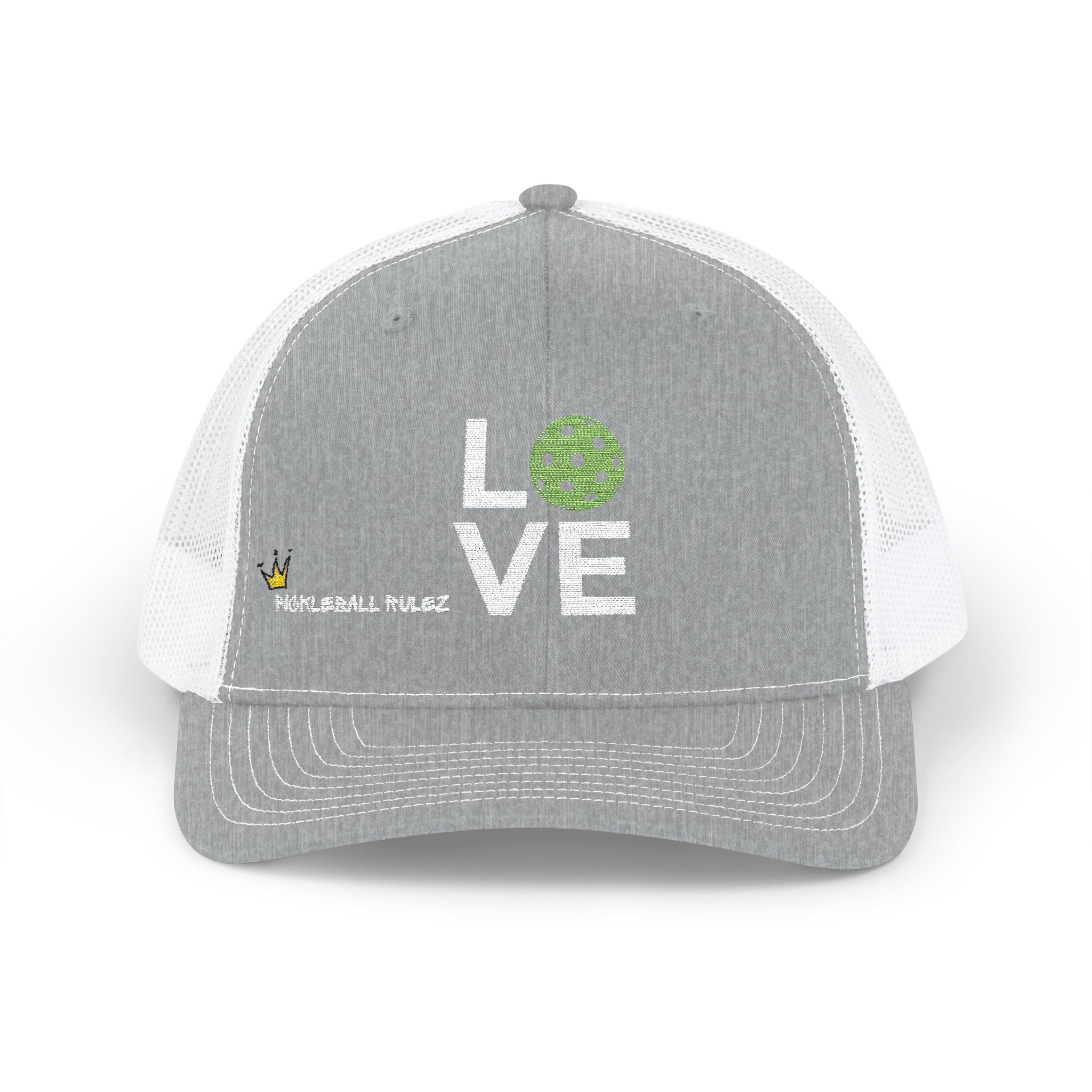 Gray and white cap with 'LOVE' and logo on a white background