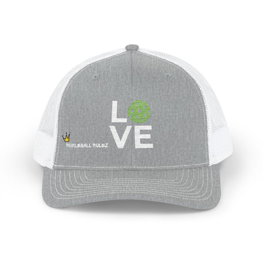 Gray and white cap with 'LOVE' and logo on a white background